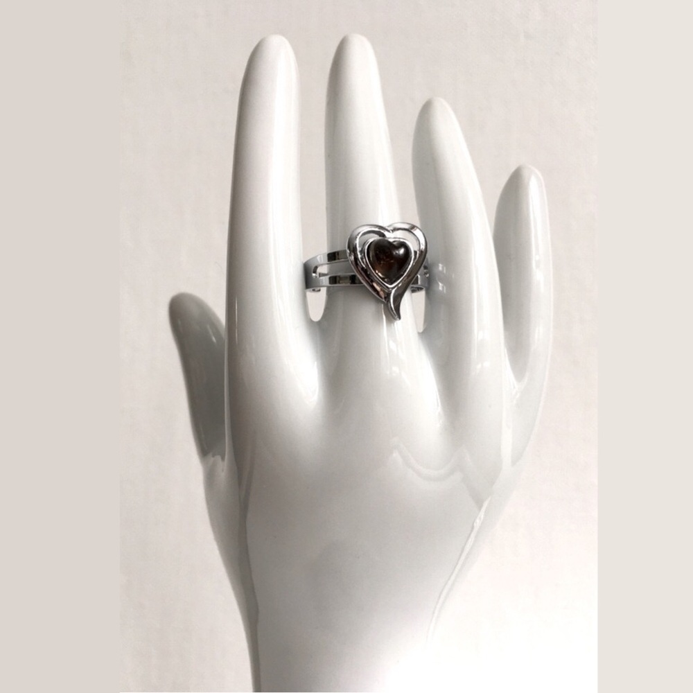 Adjustable Heart Shaped Silver Tone Ring With Dark Stone